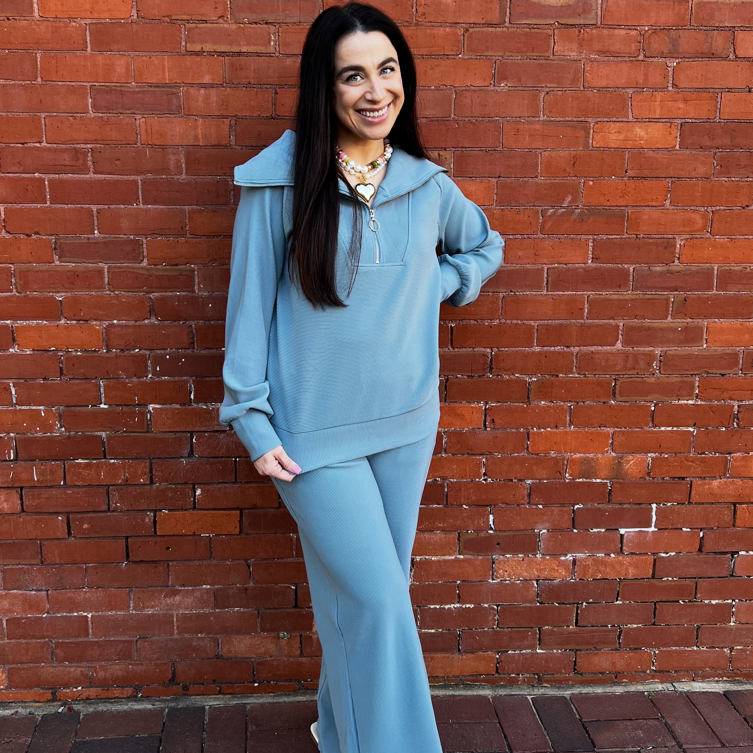 Kendra Ribbed Set In Blue Grey