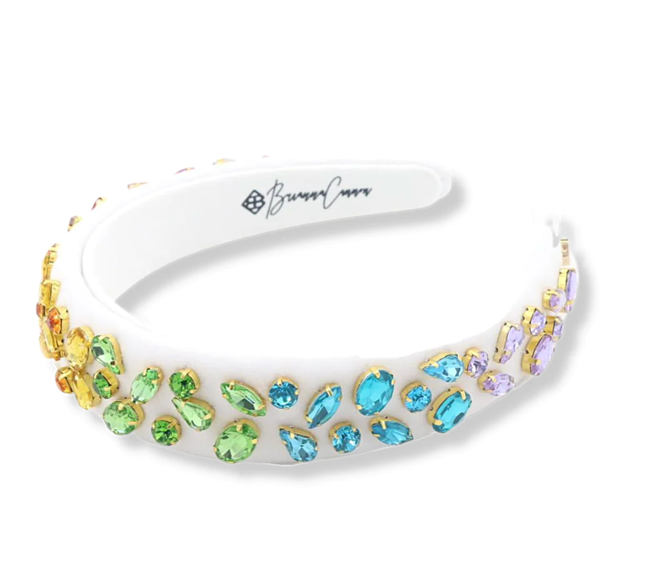 White Velvet Thin Headband With Rainbow Gradient Crystals