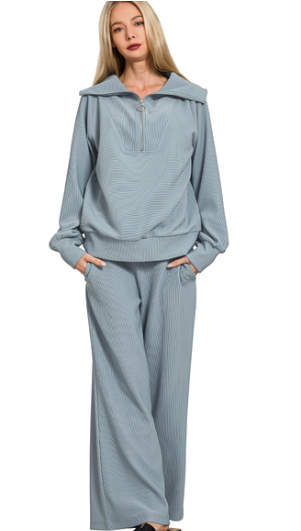 Kendra Ribbed Set In Blue Grey