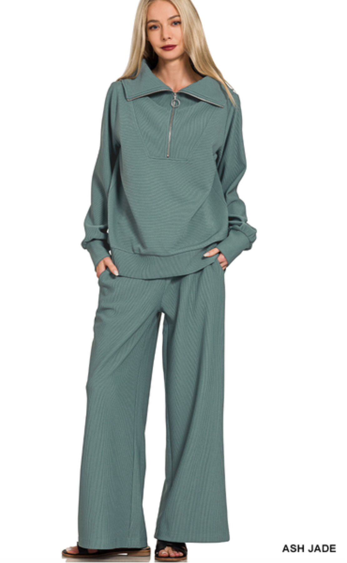 Kendra Ribbed Set In Ash Jade