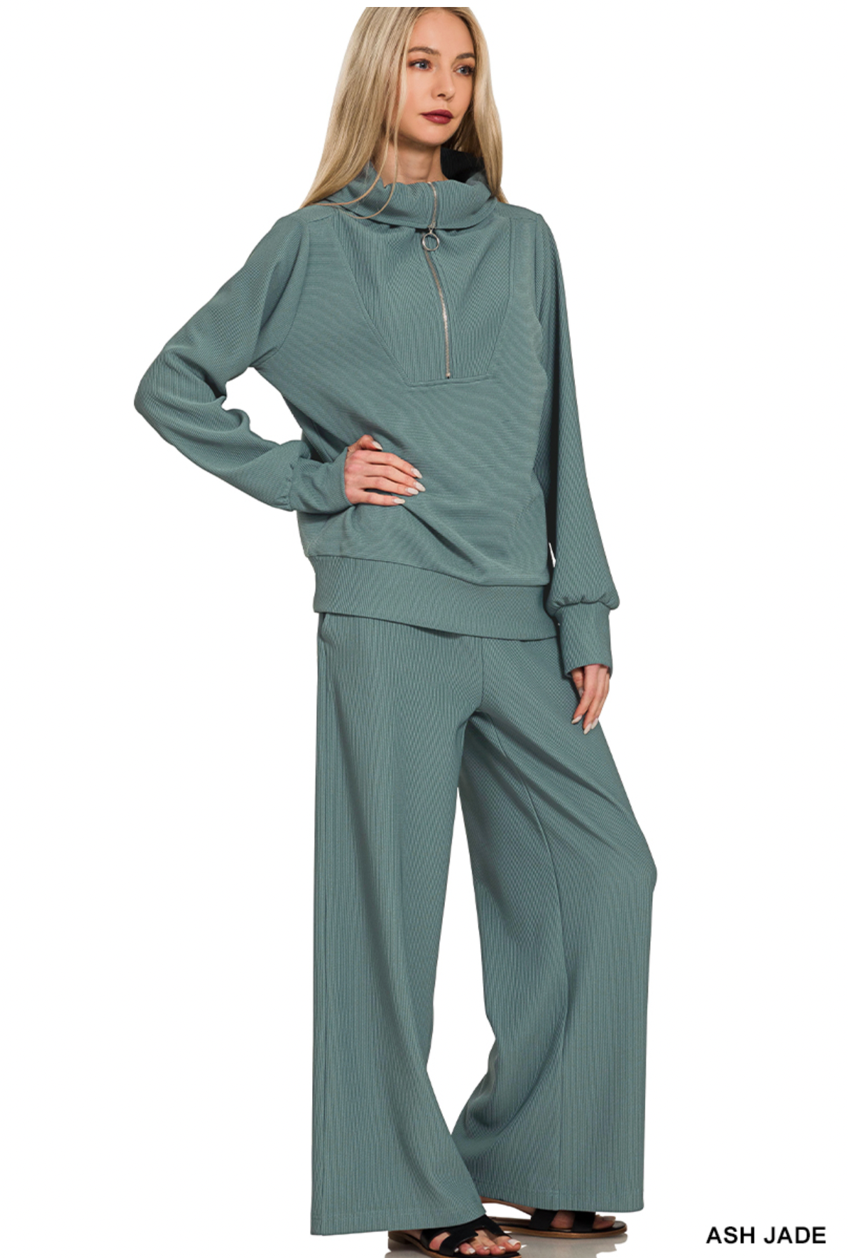 Kendra Ribbed Set In Ash Jade